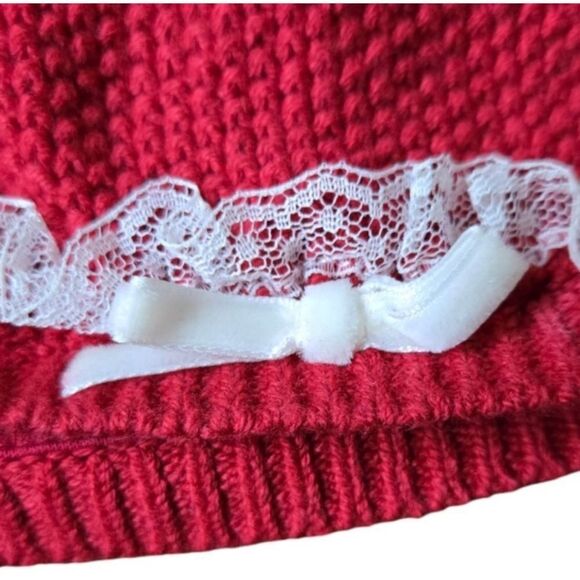 Tahari Baby Red Crochet Knitted Dress Lace Trim Beanie Hat Velvet Bow Infant Cap - Picture 7 of 10